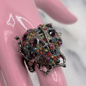 Gunmetal, Silver tone & Multi Crystal Chunky Ladybug Insect Stretch Band Ring‎